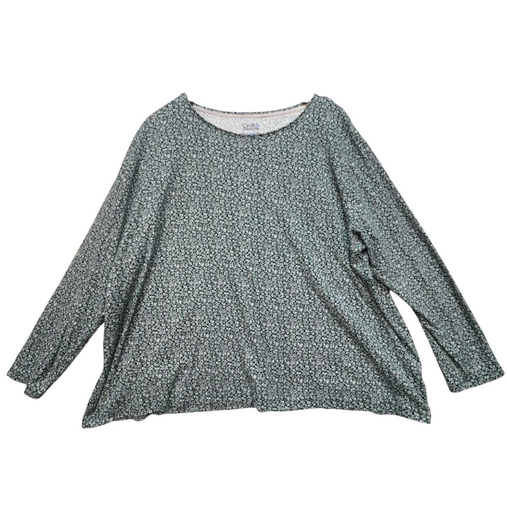 Croft & Barrow Womens The Classic Tee Shirt Sz 3X Green White Floral Long Sleeve